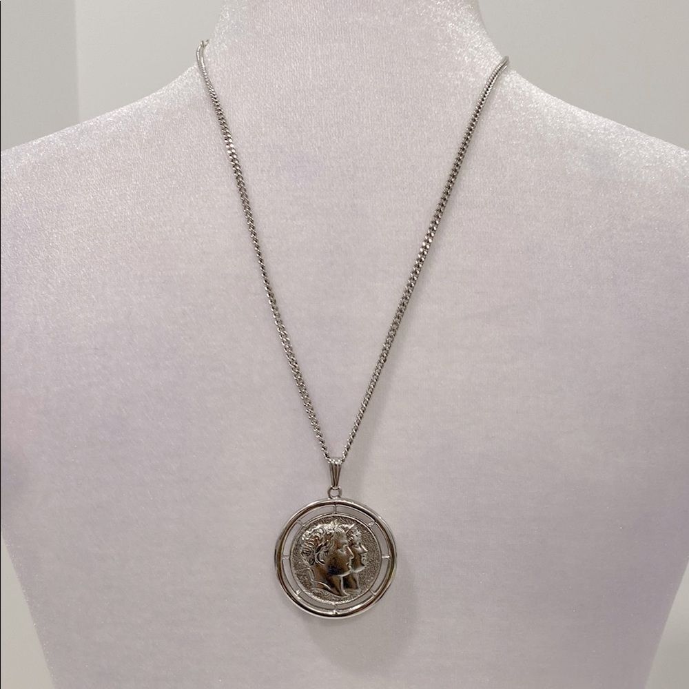 Vintage Monet Silver Tone Napoleon Coin Pendant Necklace And Chain